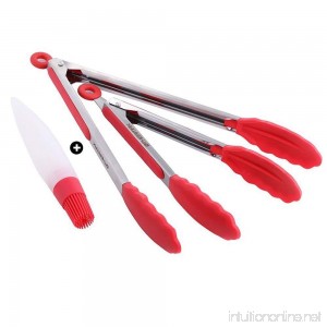 OTHERMAX Heat Resistant Silicone Kitchen Tongs Set - Stainless Steel Cooking Tongs with Silicone Tips for BBQ Salads Grilling Serving and Fish Turning with Silicone Oil Brush - B06Y5S67RF